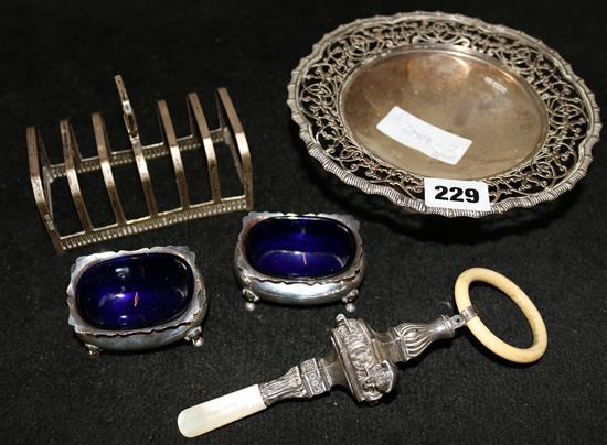 Silver bonbon dish, toastrack, pair of salts and childs rattle
